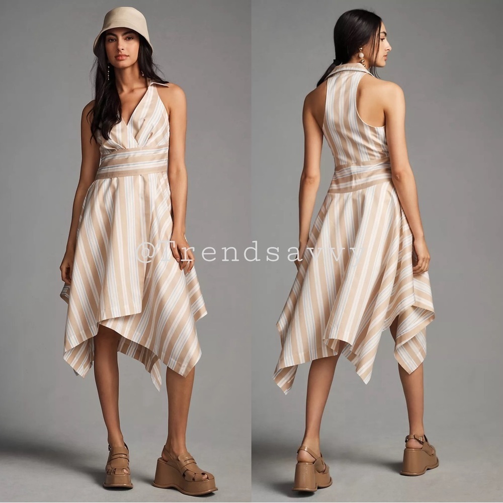 Anthropologie Maeve Striped Handkerchief Wrap Midi Dress Neutral Size 8 NWT